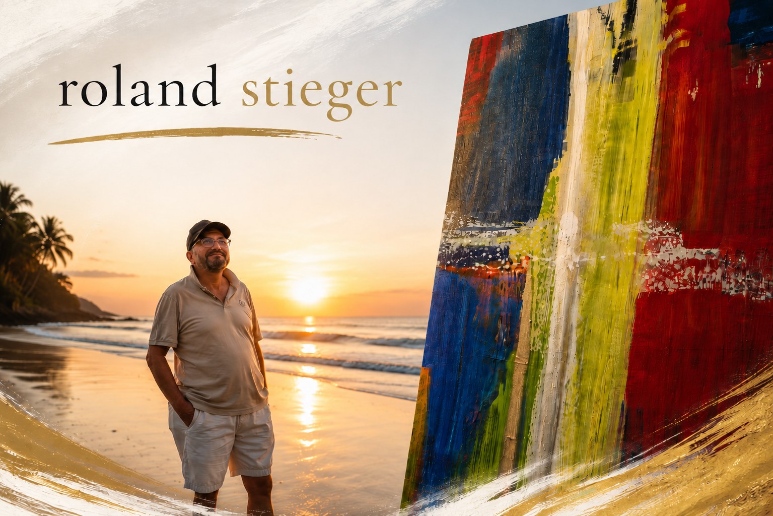 Roland Stieger, Kunstschaffender – am Strand mit einem seiner Gemälde